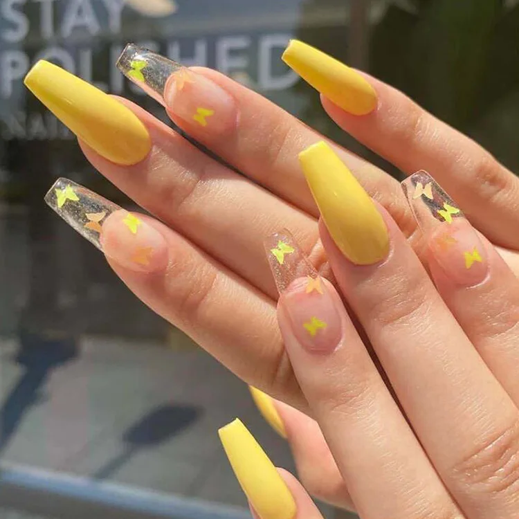 

High quality Clear Butterfly Nails Press on long coffin nails full cover, Yellow