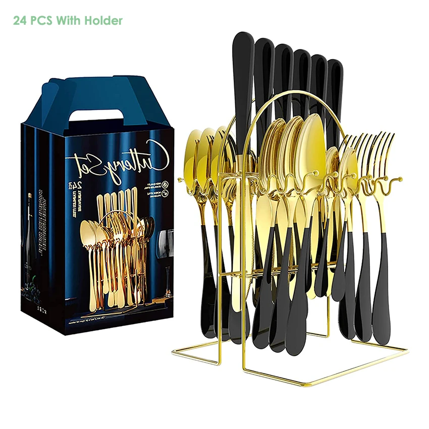 

24 Piece Cutlery Set Flatware Spoon Forks Knives Stainless Steel Gold Cutlery 24pcs Set Silverware With Stand And Gift Box, Black,blue,pink,white,red,silver,gold