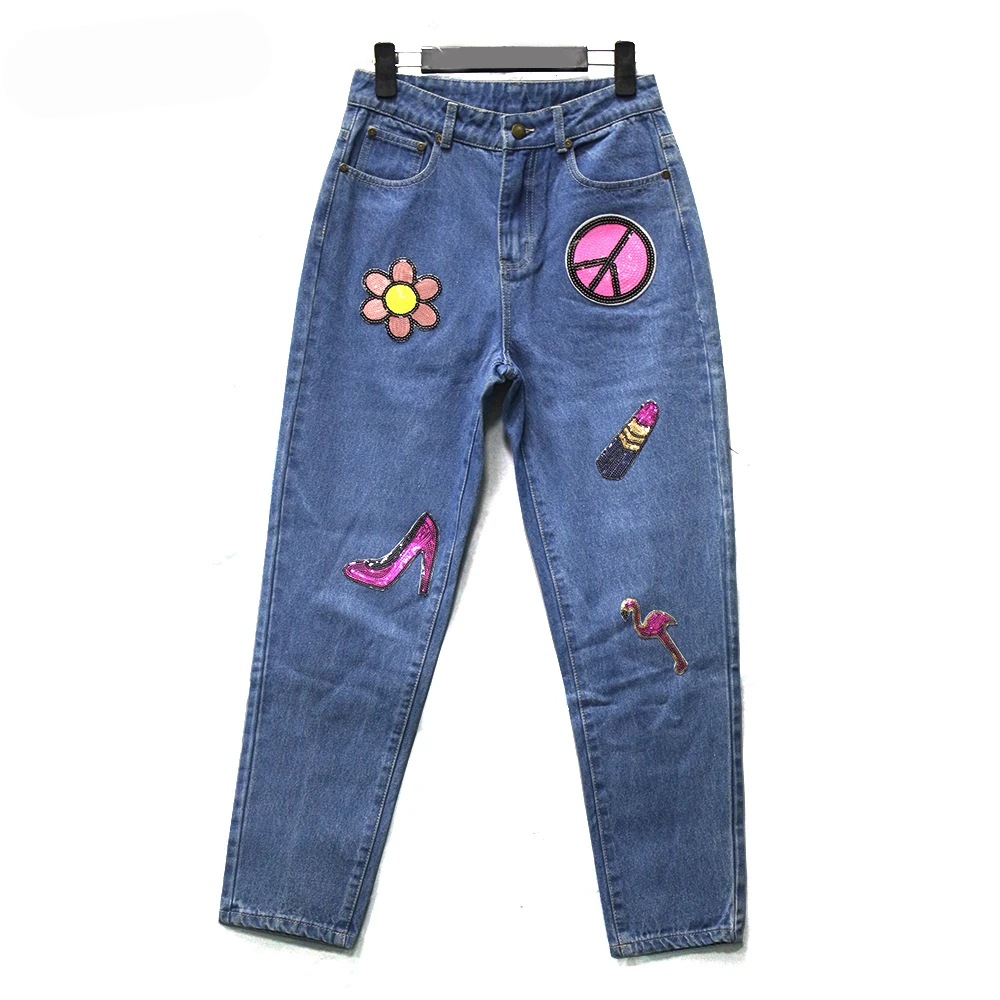 

New style denim pant cute patch stock jeans pent for adult girls, Denim blue or as customers' requested