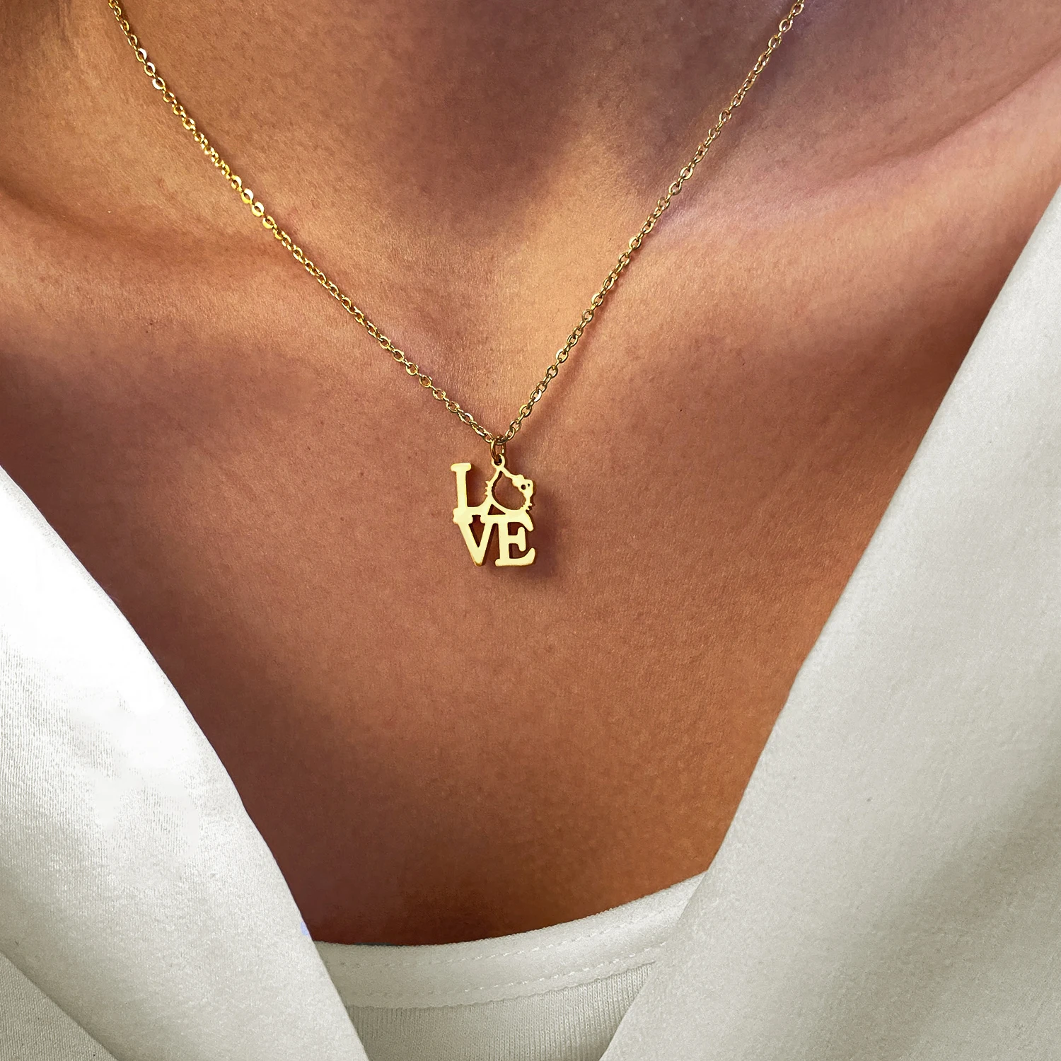 

Stainless Steel Necklaces Cute Kitten Letters LOVE Pendants Chain Choker Jewellery Fashion Necklace For Women Jewelry Baby Gifts