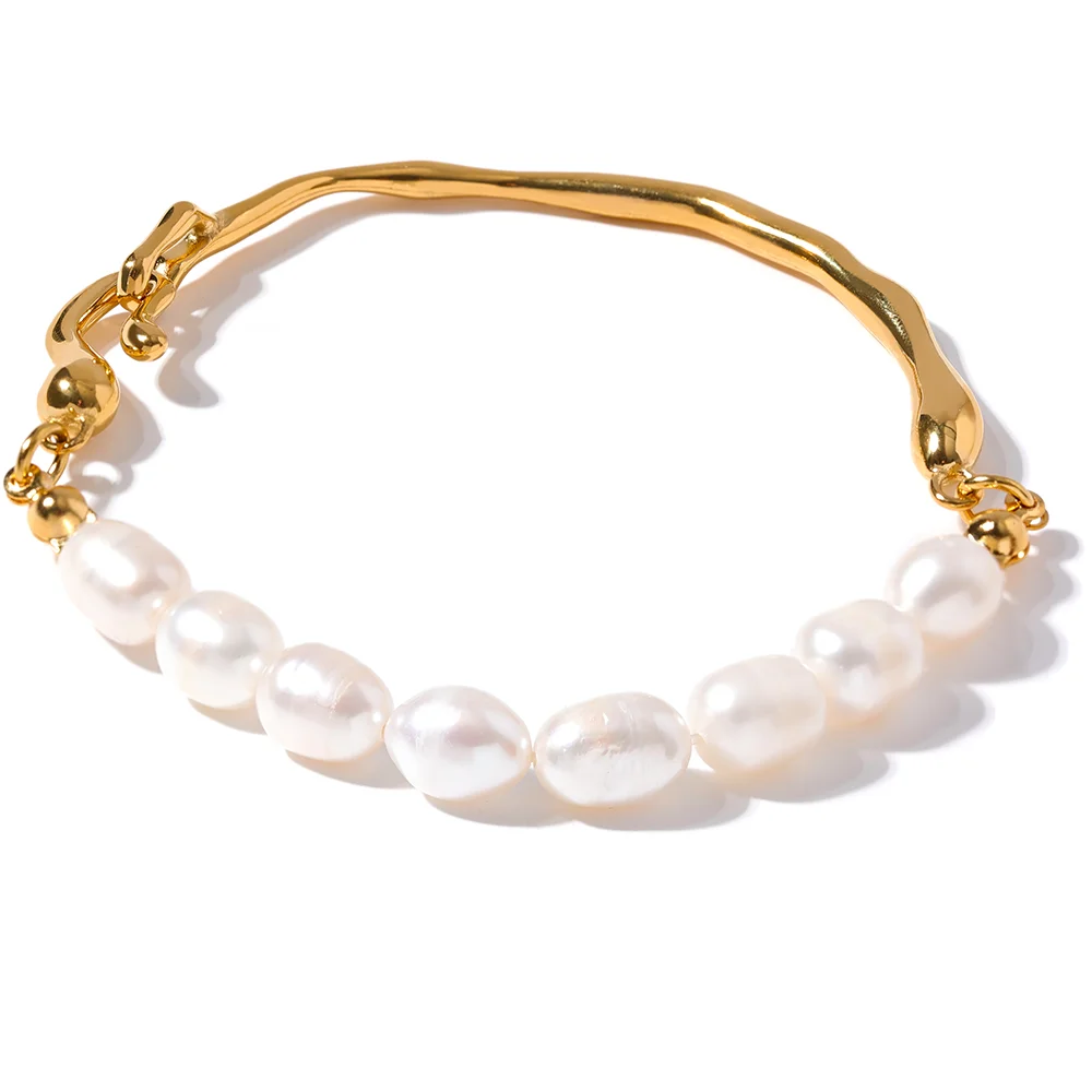 

JINYOU 1612 Luxury Natural Freshwater Pearls Stainless Steel 18k Gold Color Bracelet Bangle Temperament Fashion Jewelry Women