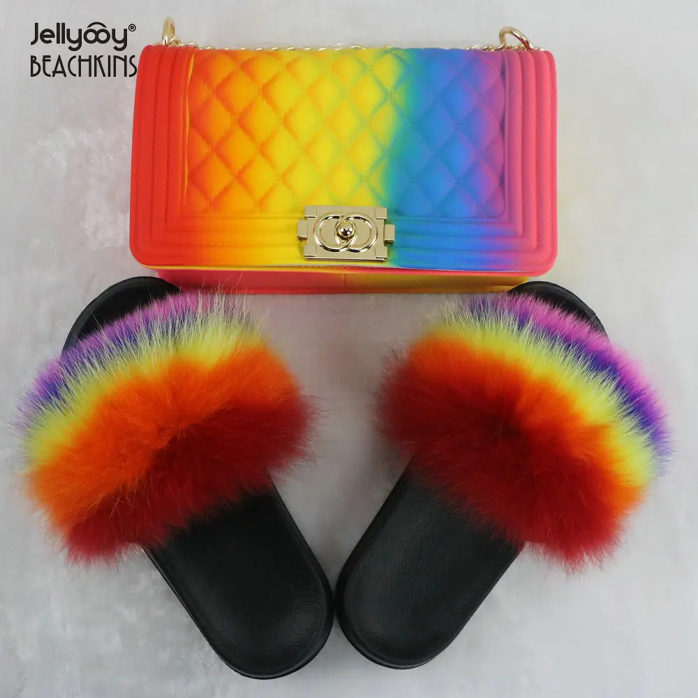 

Jellyooy BEACHKINS Matte Rainbow Jelly Bag With Fox Fur Slides Sets Purse Bag Match Colorful Fluffy Fur Slippers Sandals, Many colorful colors, accept make new colors