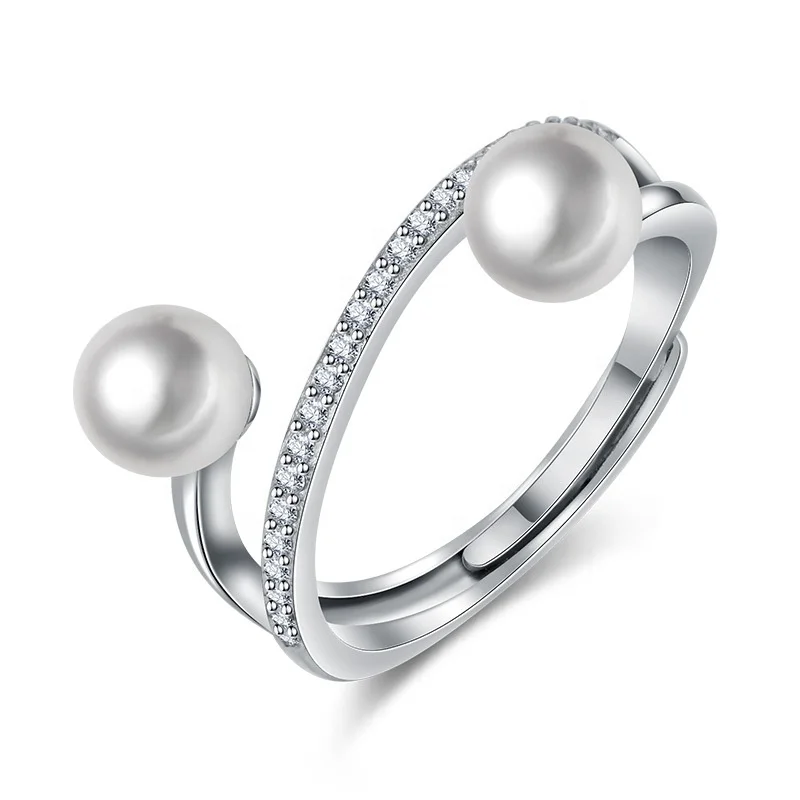

Two Pieces Pearl Beads Jewelry Plated 18K White Gold Women Freshwater Accessories Natural Pearl Ring, White, rose gold