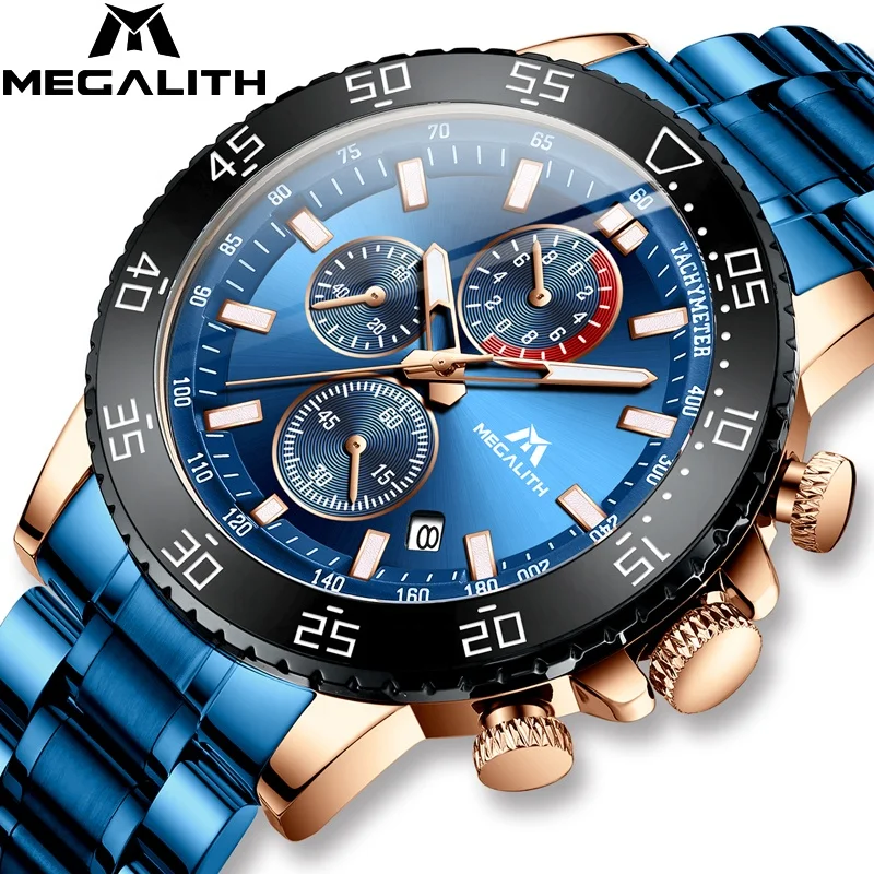 

MEGALITH top band Luminous chronograph quartz watch Luxury witht Stainless Steel Wristwatch Reloj de dama, 5 colors choice