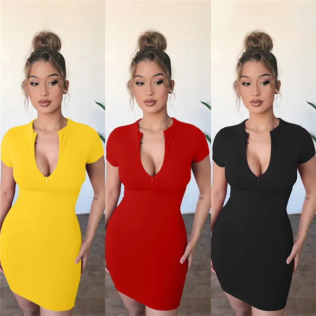 

TOB Wholesale Women Sexy Bodycon V Neck Short Sleeve zipper Club Mini Dress