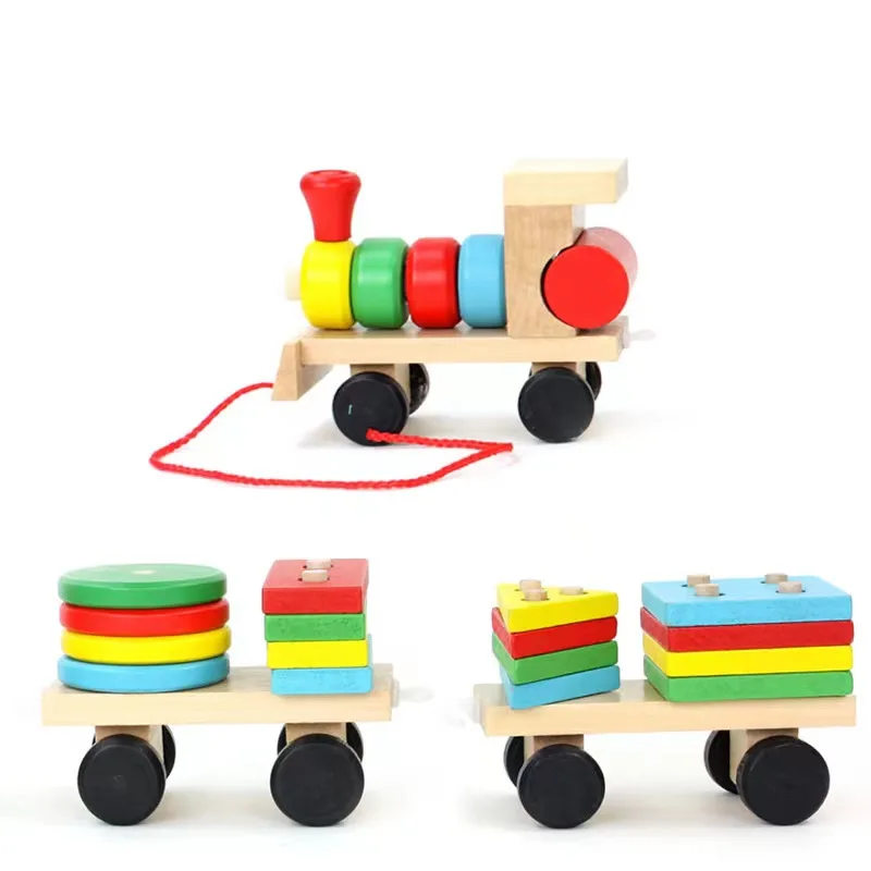 

Small Wooden Train Toy and Dragging Three Carriage Geometric Shape Matching Early Childhood Educational Diecasts Toy Vehicles