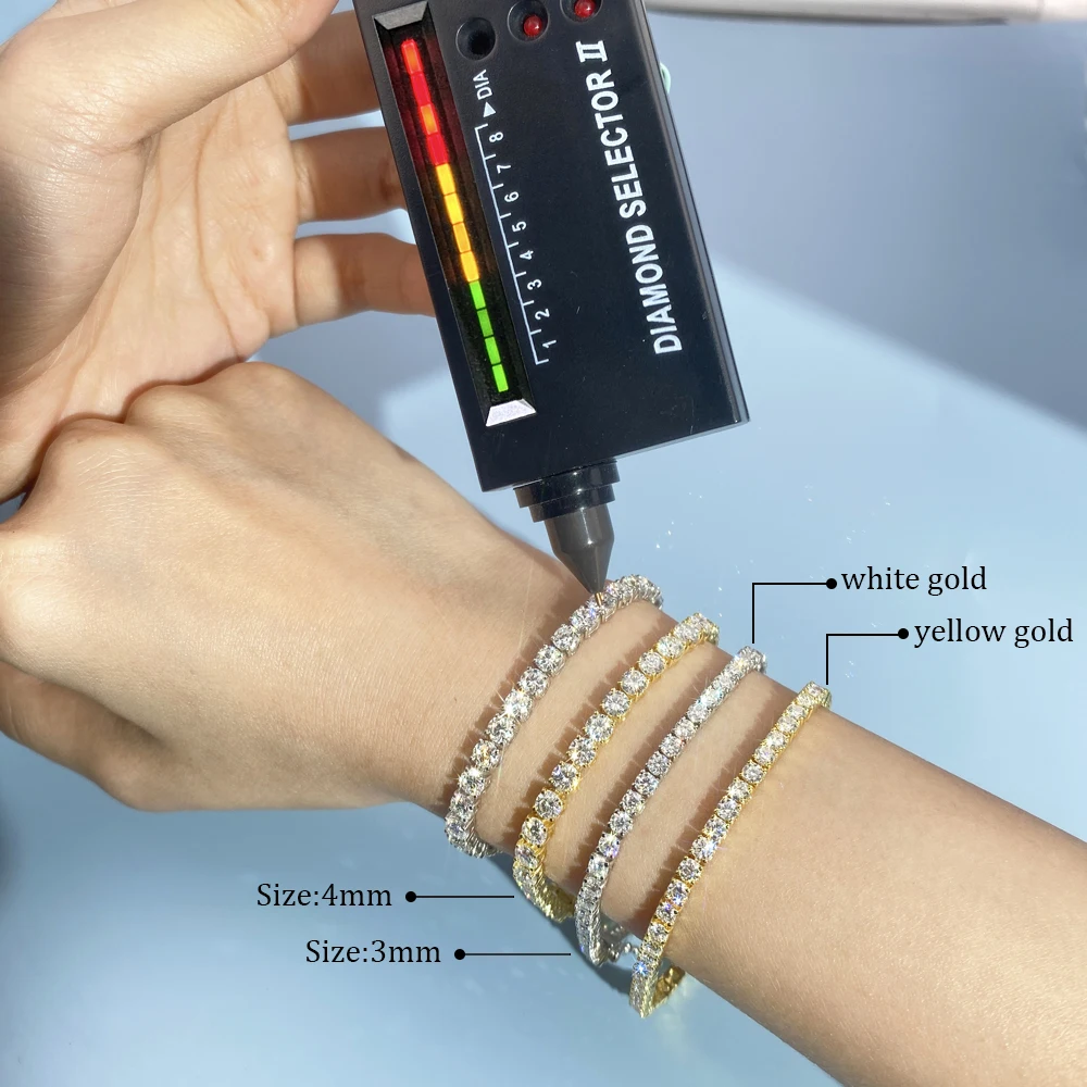 Easily Pass Tester 18K Real Gold Plated Iced Out 2mm 3mm 4mm 5mm6.5mm VVS Moissanite Jewelry 925 Silver Tennis Chain Bracelet