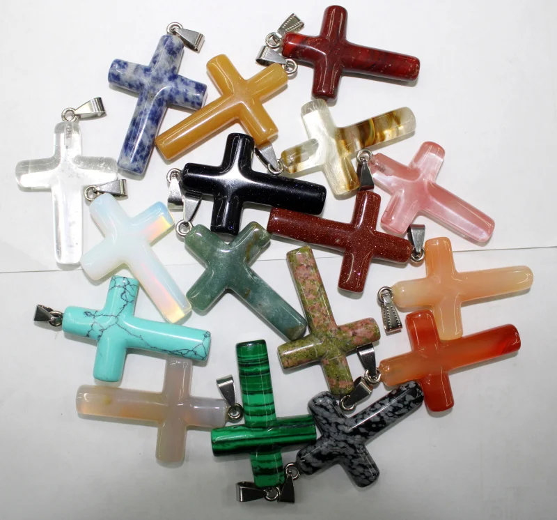 

28x42mm Assorted Cross Natural stone Turquoise Quartz Pink Crystal Pendant DIY Jewelry making Fast shipping