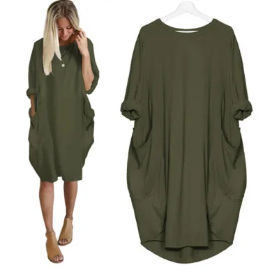 

Women Casual Loose Dress with Pocket Ladies Fashion O Neck Long Tops Female T Shirt Dress Streetwear Plus Size 5XL, White,khaki,fuchsia,army green,black,light blue,navy,green,orange