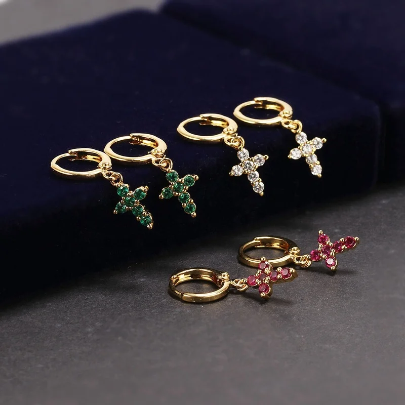 

18K Gold Plated Jewelry Fashion Huggie Little Zircon Drop Cross Hoop Earrings