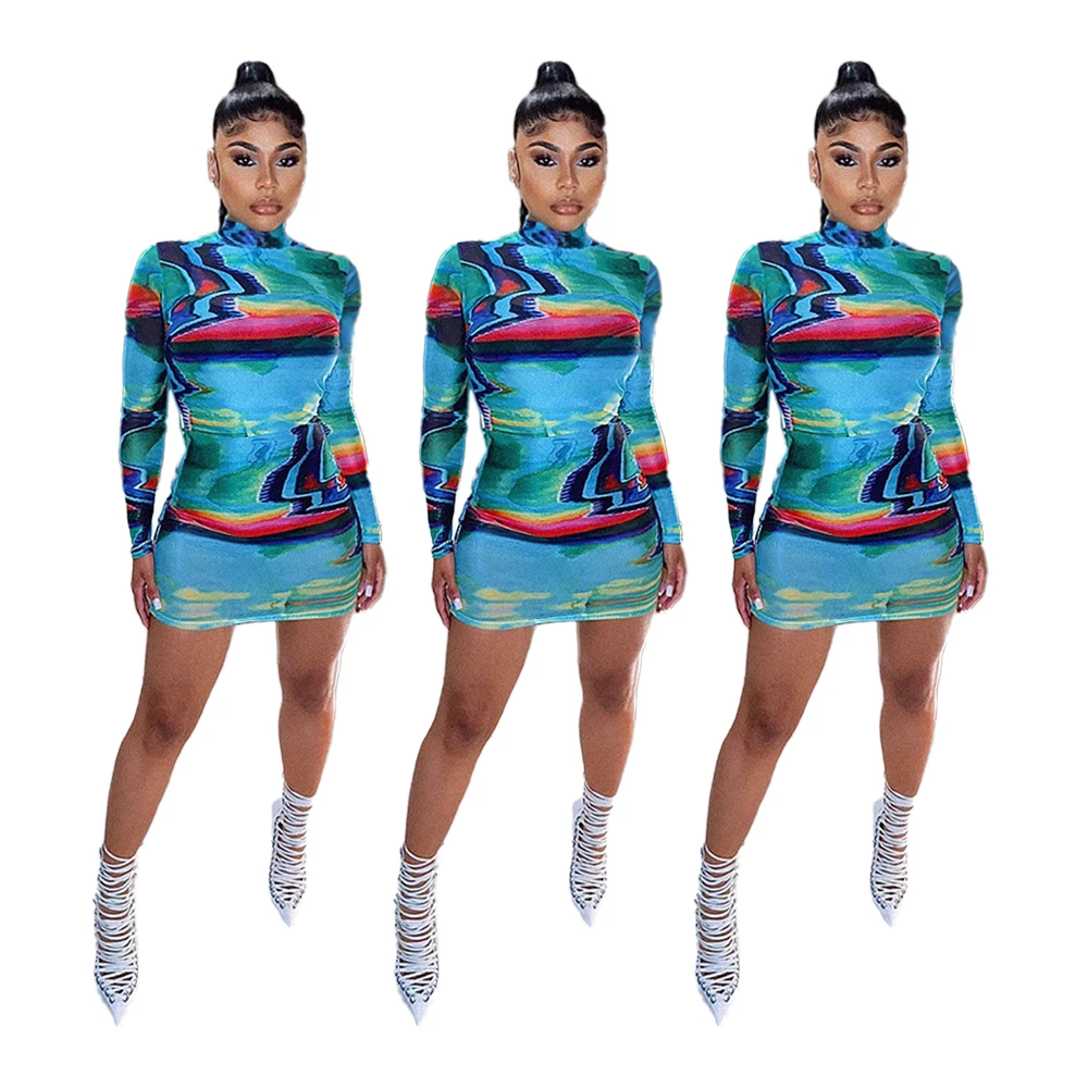 

SH7210 new long sleeve fashion European and American women's graffiti positioning print dress club dresses