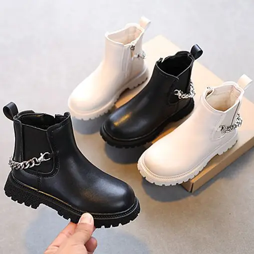 

Winter Cashmere Plush Leather Short Boots Children's Martin Boot Fashion Shoes Waterproof Plush Kids Warm with Chain, White/black