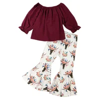 

New girls boutique clothing sets christmas bull skull flared pant and off-the-shoulder maroon top kids ruffle outfit models