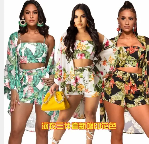 

2021 Summer Printed Flowers Women Clothing Three Piece Skirt Sets outfits sweat Suits Crop Tops 3 piece Sets for women, 3 colors