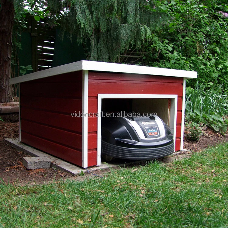 Customized Wpc Solid Wood Garage For Robotic Mower With Swing Gate Red