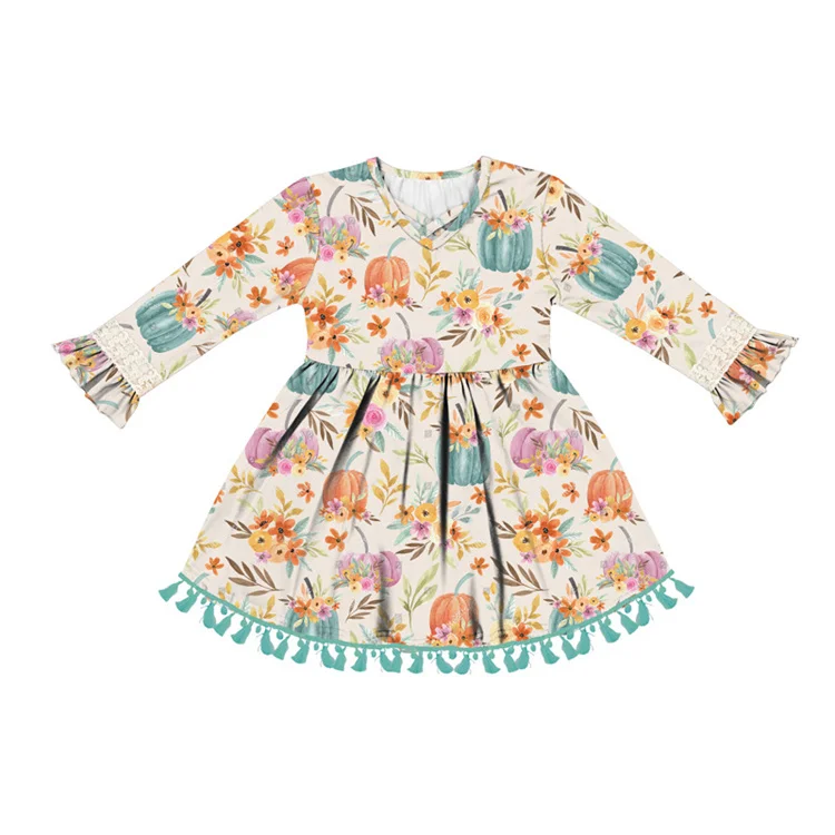 

New Summer Baby Girls Dress Designs Floral Tassel Long Sleeve Party princess Dress Toddlers Clothes Set for Kids Boutique, Multicolor