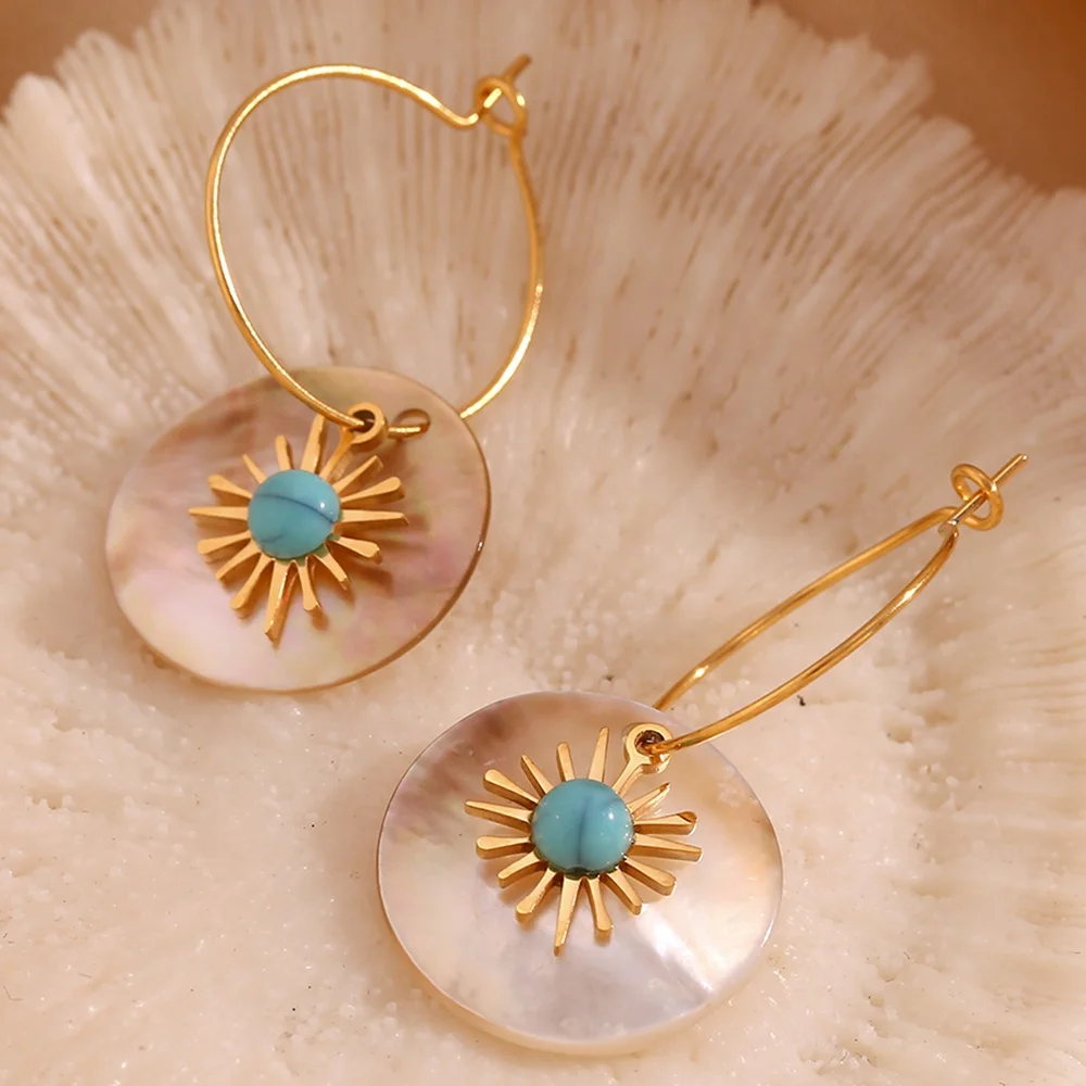 

Hand Made Turquoise Jewelry Sunflower Shell Drop Earring Gold Plated Jewelry Stainless Steel Dangling Earring