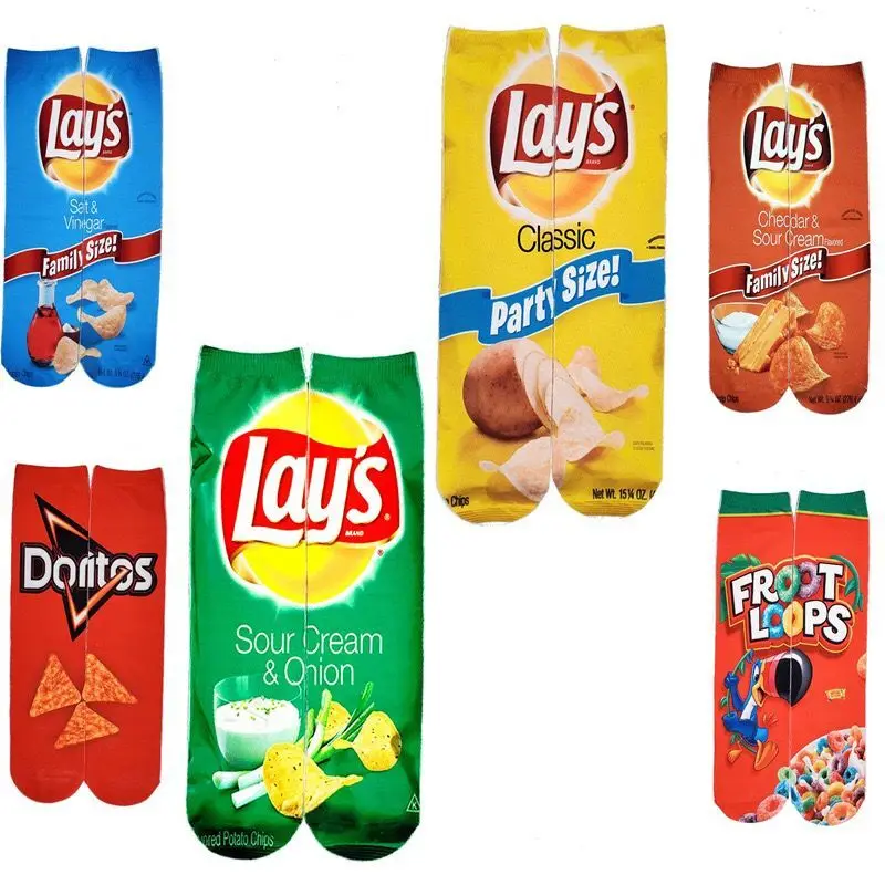 

Cartoon Printing Wholesale 3d Print Tube Chips Snack Food Potato Chips Custom High Quality Sublimation Socks, Regular/customized