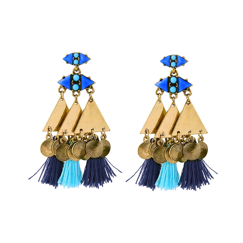 

ed00104a Bohemian Blue Crystal Triangular Metal Short Line Tassel Pendant Earrings Stud For Women, As pictures