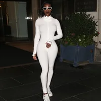 

Women chic Winter long sleeve white Polo-neck with zipper tight fitness sport jumpsuit