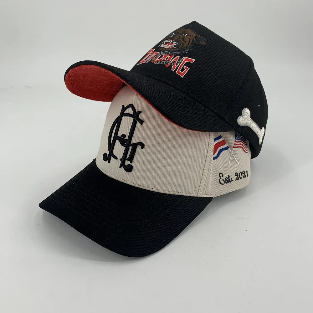 

3D Embroidery Custom Logo Baseball Hats Dog Embroidered White and Black 5 Panel Personalized Sport Golf Baseball Caps