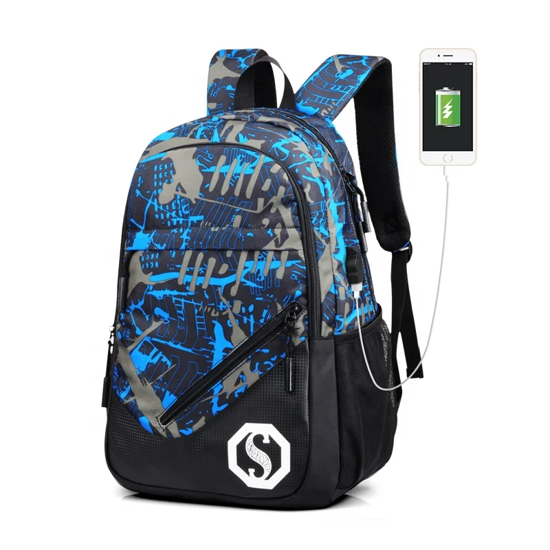 

new design custom graffiti luminous waterproof backpack bag, teen girls kids books back pack school bags with usb charger