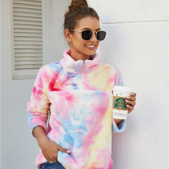 

2020New Fashion Warm Winter Thick Faux Sherpa Fleece Women Pullover Tie Dye Hoodie