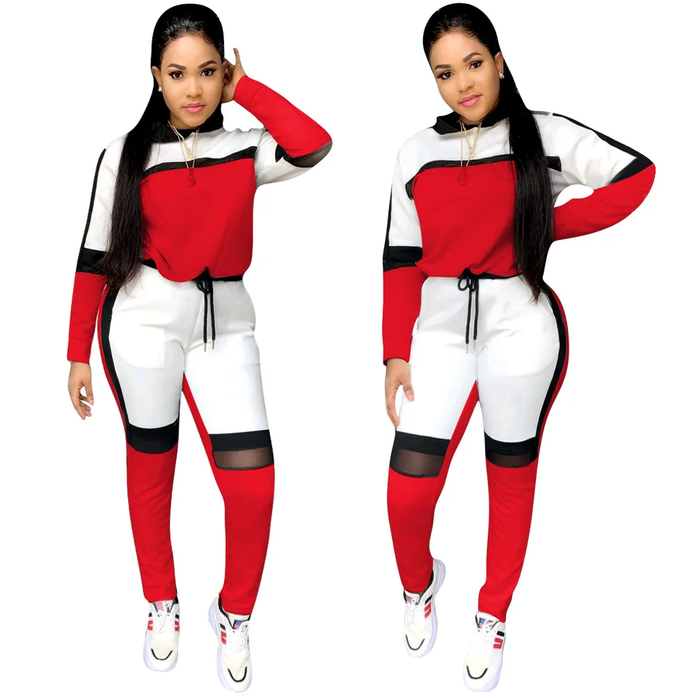 

B728 dropshipping autumn casual sport 2 piece set fashion patchwork women sets hooded long sleeve two piece set women clothing