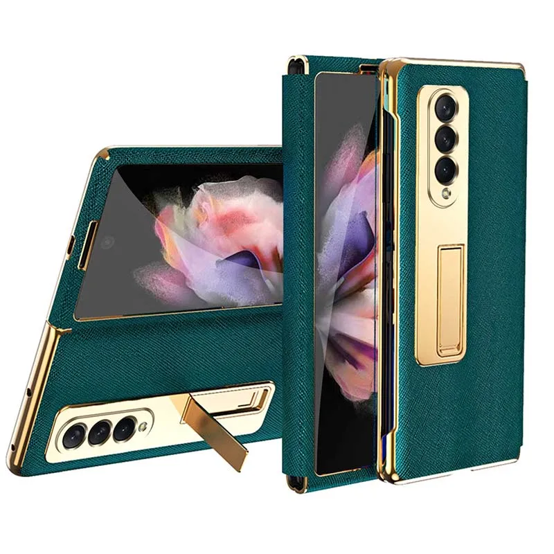 

Luxury PU Leather Belt With Built-in Screen Protector Holder Foldable Flip Phone Cover Protective Case For Galaxy Z Fold 3