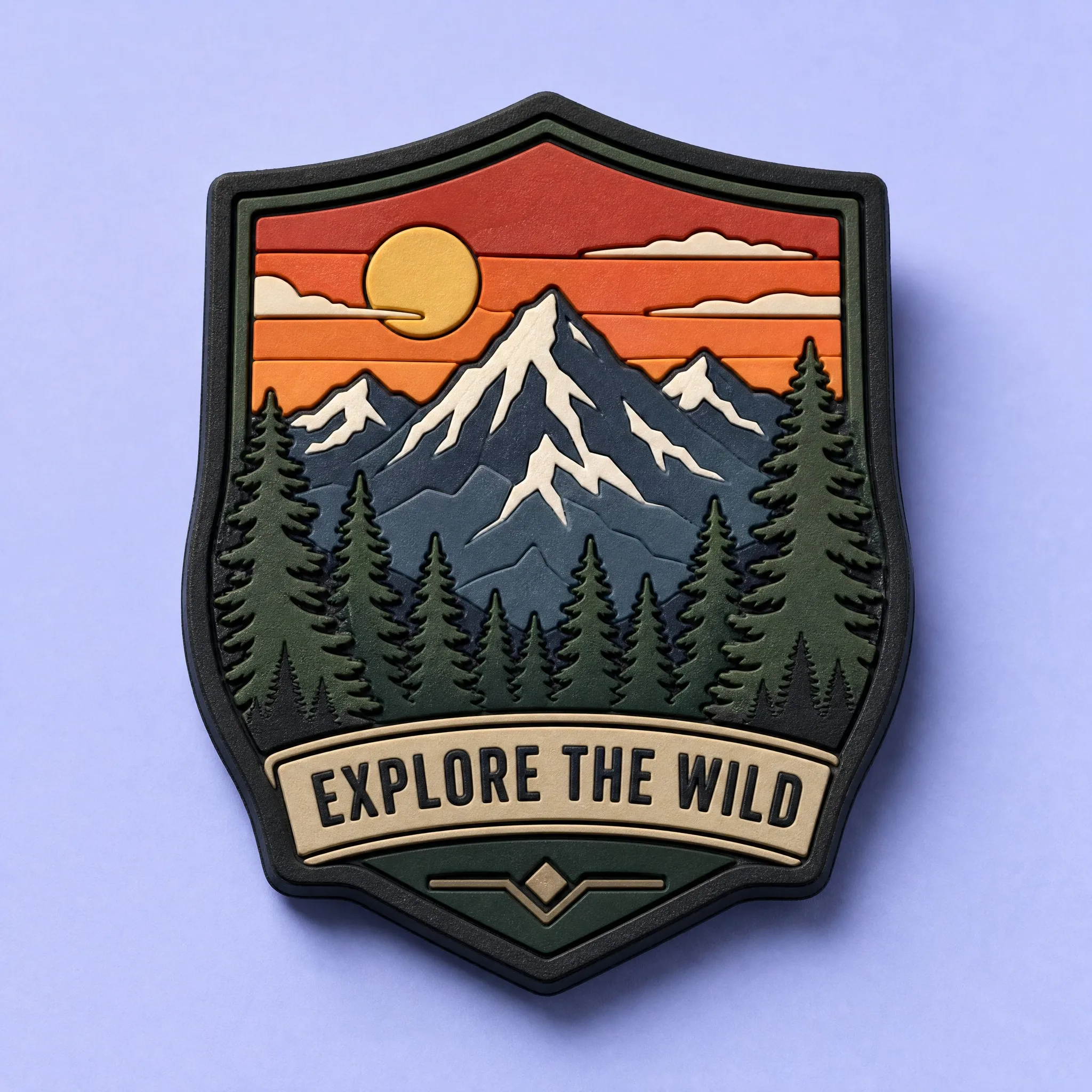 Custom 3D Soft PVC Explore The Wild Sunset Mountain Shield Magnet