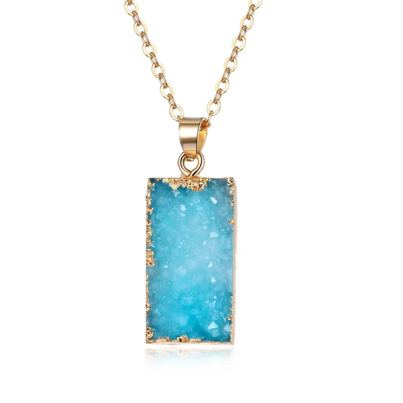 

14K Gold Plating Chain Natural Stone Quartz Druzy Square Rectangle Pendant Necklace