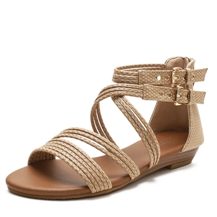 

Factory Outlet Ladies Roman Sandals Solid Color Open Toe Cross Strap Belt Buckle Ladies Flat Sandals