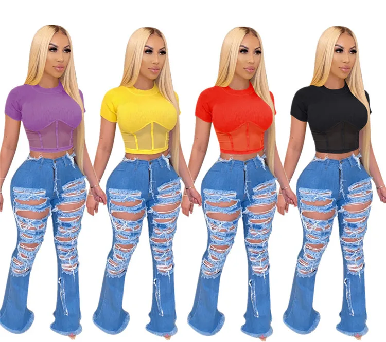 

D96658 Summer new mesh stitching top Women's Regular T - shirt fashion short sleeve knit