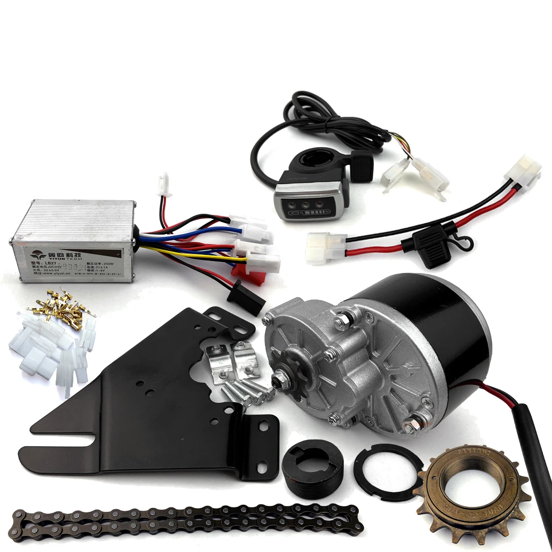 

250W ELECTRIC BRUSH MOTOR FOR BICYCLE ELECTRIC ACCELERATOR WITH BUTTO SWITCH AND BATTERY VOLTAGE SIMPLE MOTOR KIT FOR DIY E-BIKE