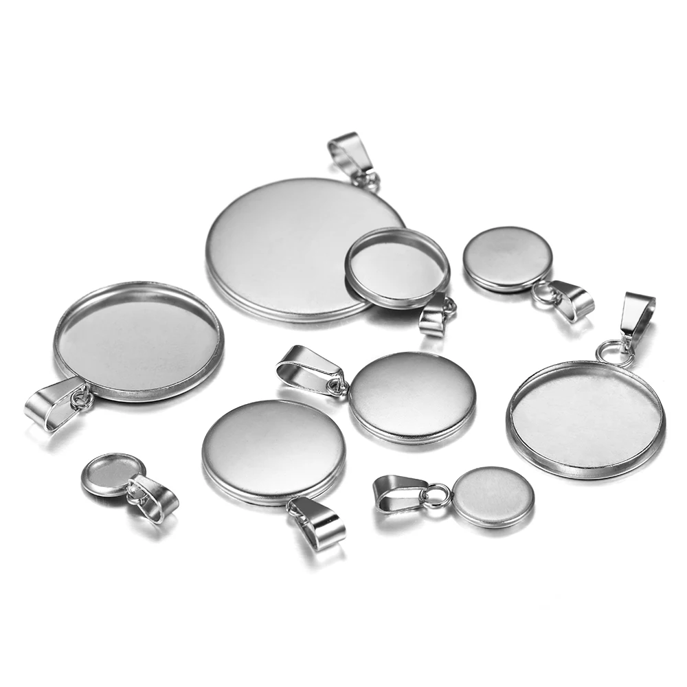 

10pcs/lot 6-25mm Stainless Steel Blank Trays Pendant Settings With Clasps Cabochon Base Bezel For DIY Jewelry Making Supplies, As picture