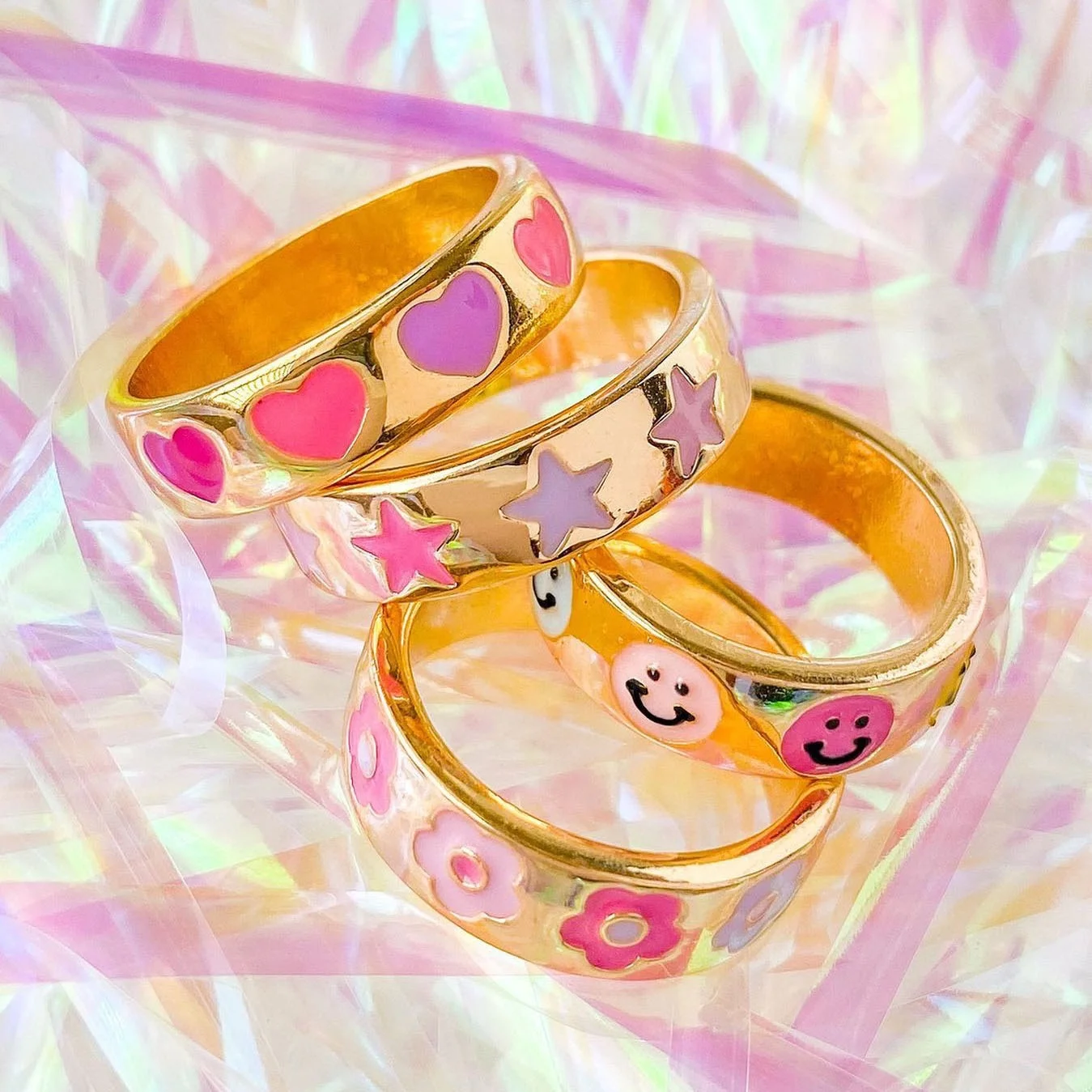 

18k gold plated cute lovely pink pinky colorful enamel smile star heart women full finger band ring, Customized