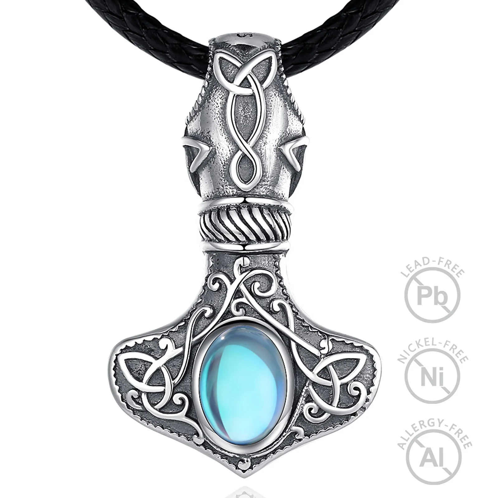 

Merryshine Jewelry 925 Sterling Silver Moonstone Vintage Nordic Viking Thor Hammer Pendant Necklace for Men