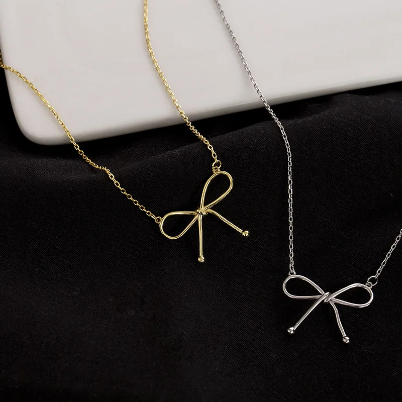 Ins Fashion 925 Silver Plain Simple Bow Dangling Necklaces Jewelry 18K Gold Plated Sterling Silver Necklaces for Women