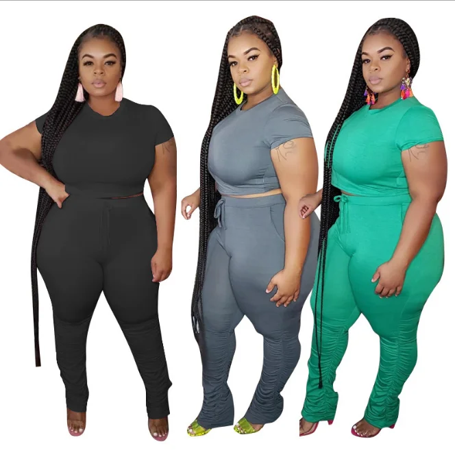 

FM-20735 2020 Women plus size two piece pant set solid shirts women clothing 2 Piece Outfit Set, As pics