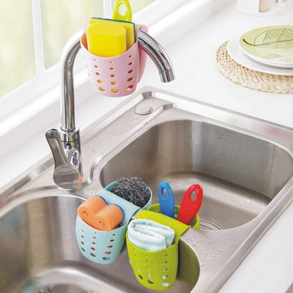 

Sink Sponge Draining Storage Rack Adjustable Snap Hanging Bags Holder Shelf Hanging Basket Organizer Kitchen Accessories, Green/grey/pink/blue