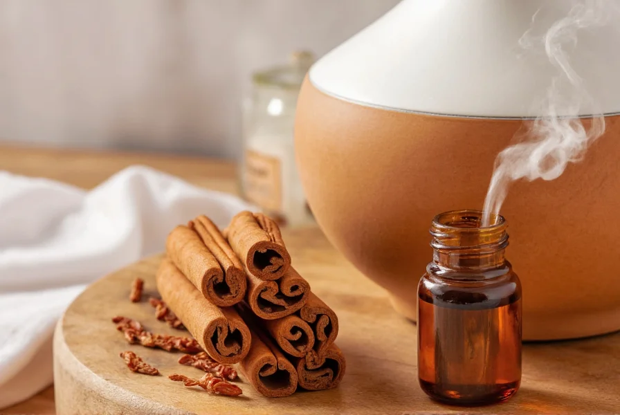 Close-up of cinnamon sticks and essential oil diffuser creating natural air freshening solution