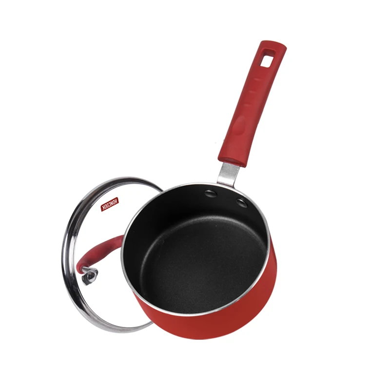 

16cm Aluminum Nonstick Kitchen Saucepan Milk Pan with Glass Lid and Bakelite Handle Induction Bottom, Red
