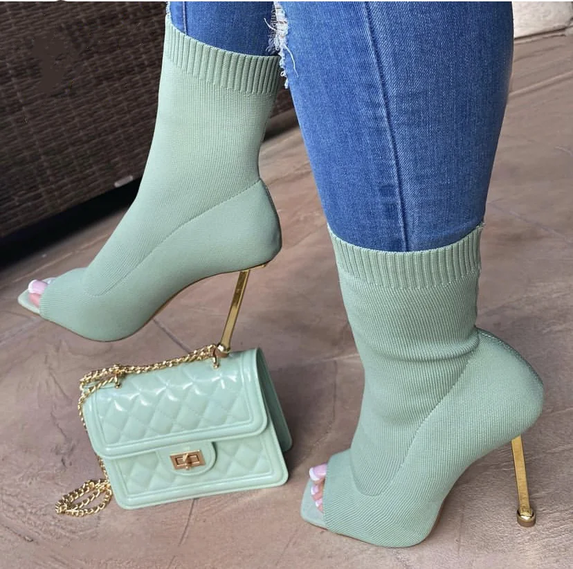 

New INS Ladies Boots Shoes Winter Mid Calf Women Knitting Open Toe Ankle High Heel Long Boots, Red,green