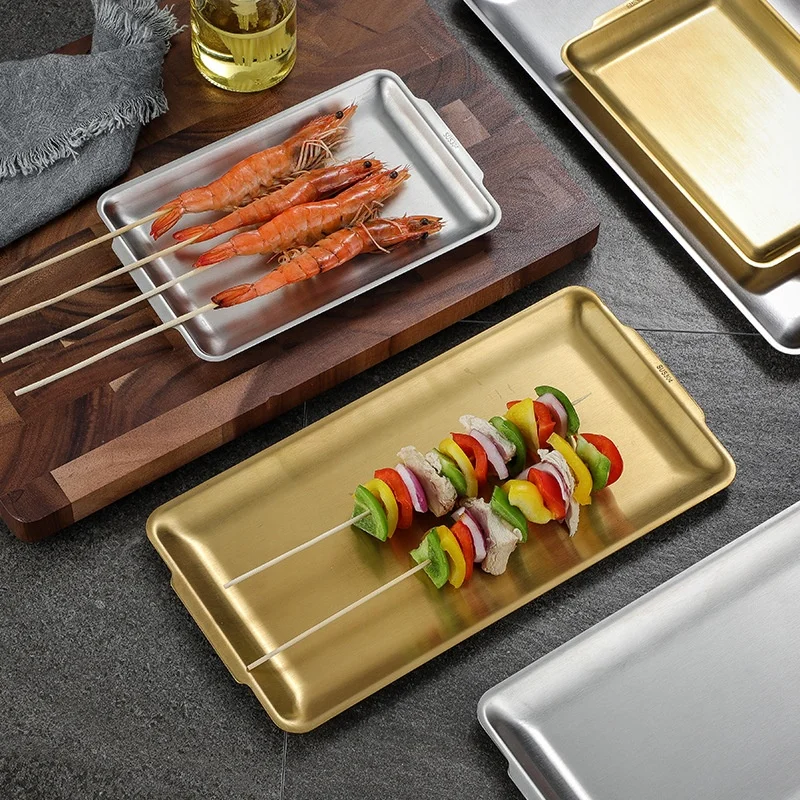 

SUS 304 stainless steel plate tray rectangular baking pot dish Japanese cafeteria Storage food fruit kitchen Tray, Silver,gold