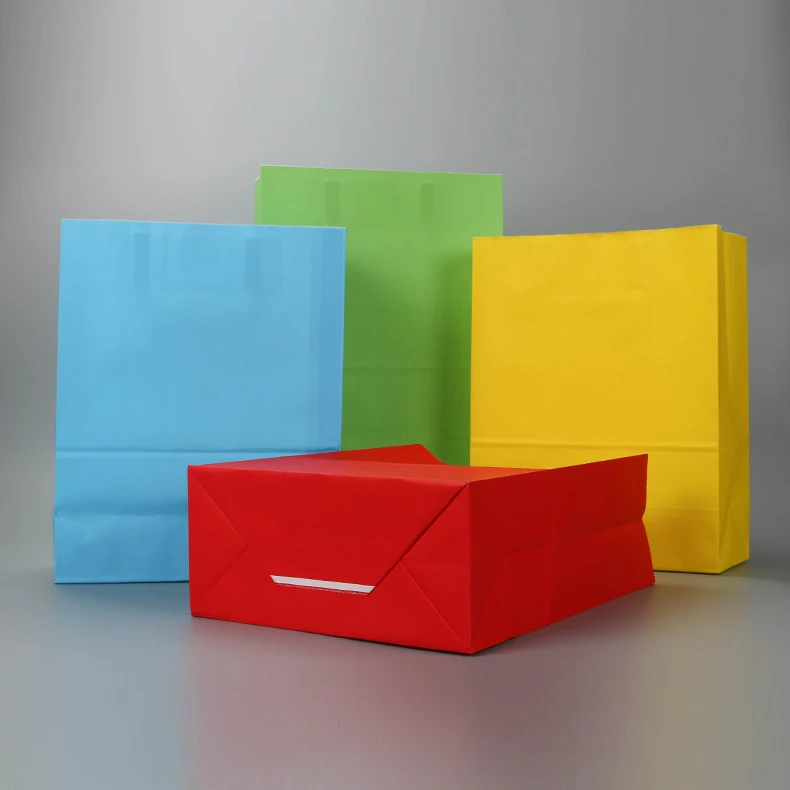 彩色牛皮纸购物纸袋与自定义标志礼品包装与扁柄