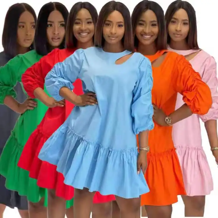 

2021 Fall fashion women's loose solid color ruffled wrinkled zipper long sleeve dress casual dresses