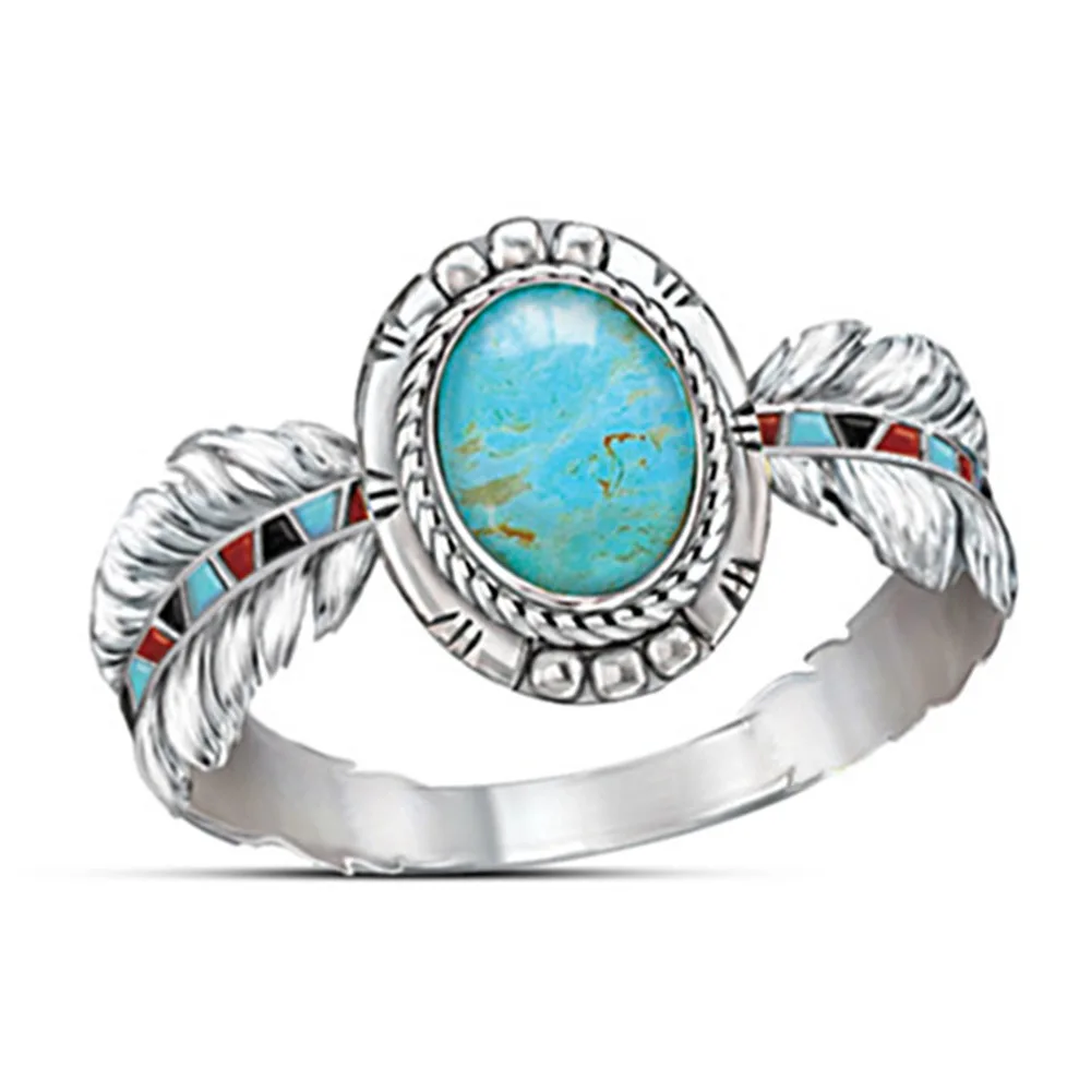 

Bohemia Vintage Natural Stone Ring Blue Turquoises Sea Opal Finger Women Silver Feather Rings