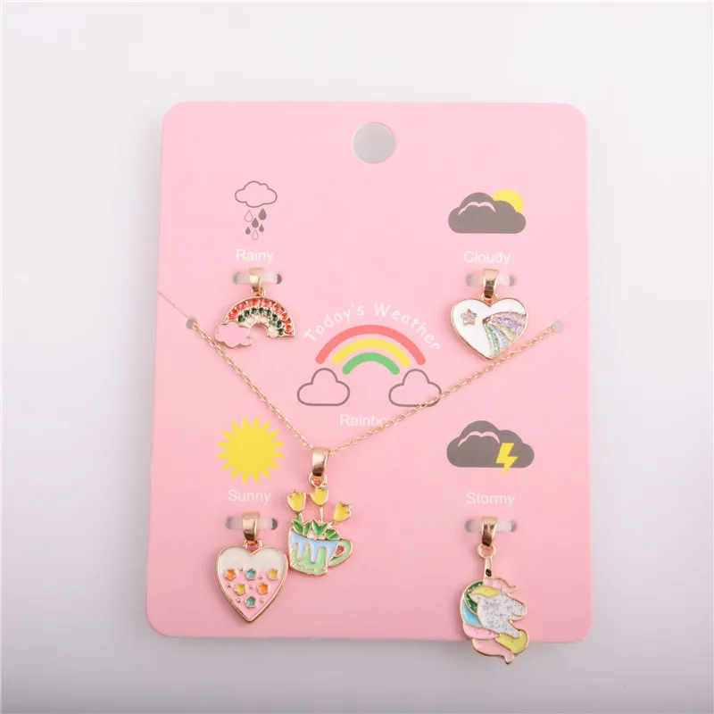 

New Creative 5 Charms In 1 Cute Cartoon DIY Necklaces Custom Children Girls Rainbow Heart Pendent Kids Jewelry, Multi