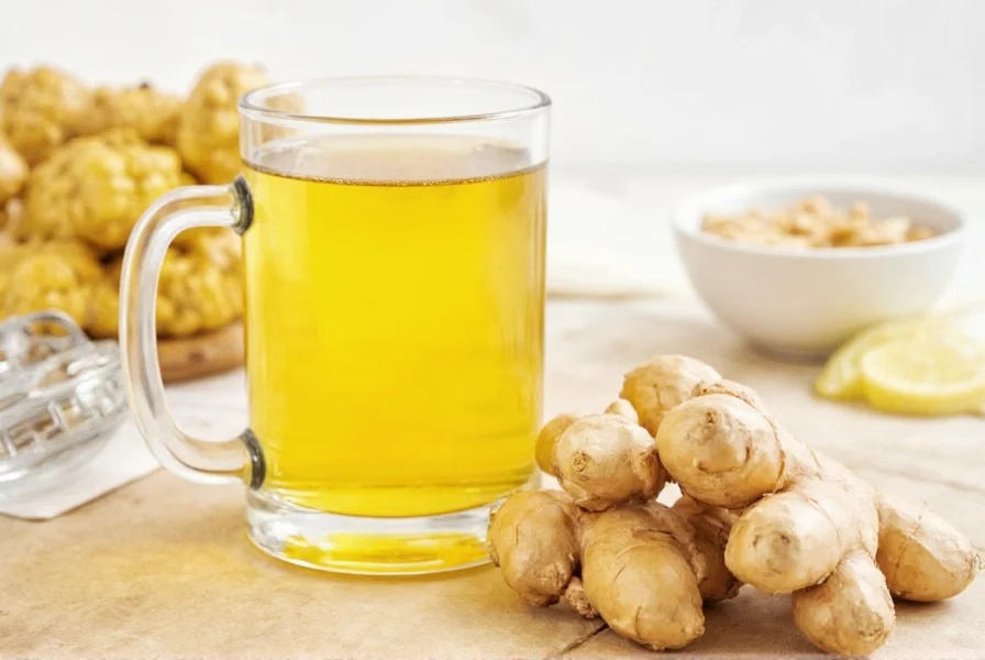 Various fresh ginger preparations including sliced, grated, and whole root