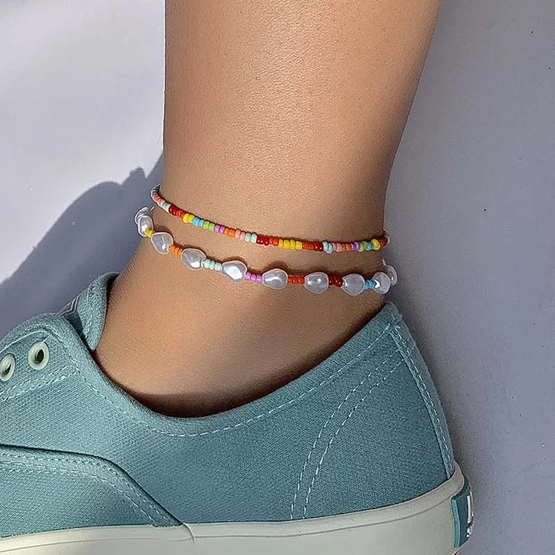 

2021 Colorful Beaded Anklet Set For Women Girls Fashion Adjustable Pearl Anklets Zinc Alloy Bohemia Summer Beach Jewelry Gift